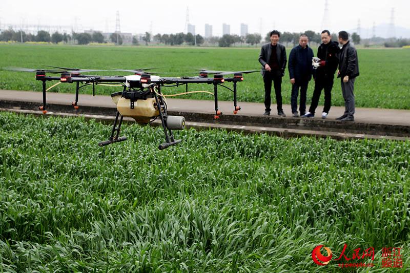 3月18日，在宁波市鄞州区姜山镇，农资公司技术人员向农户普及无人机农药喷洒技术。章勇涛 摄